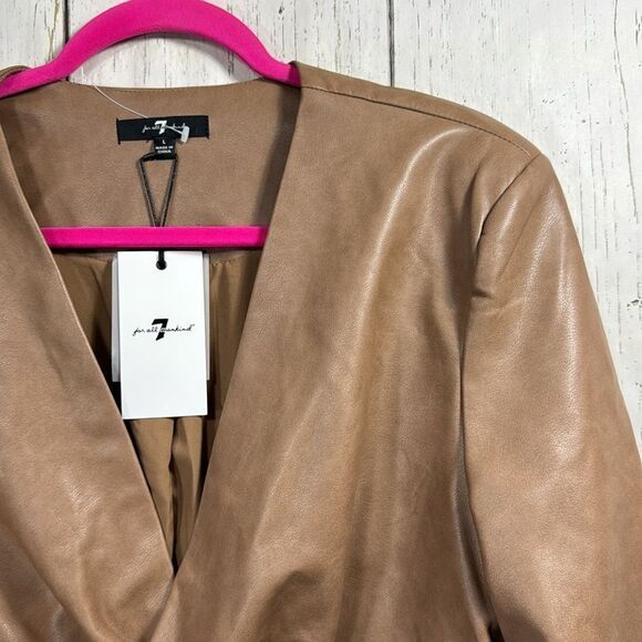 7 For All Mankind Faux Leather Jacket L Tan Twist Front Cropped Modern Chic - Picture 4 of 16